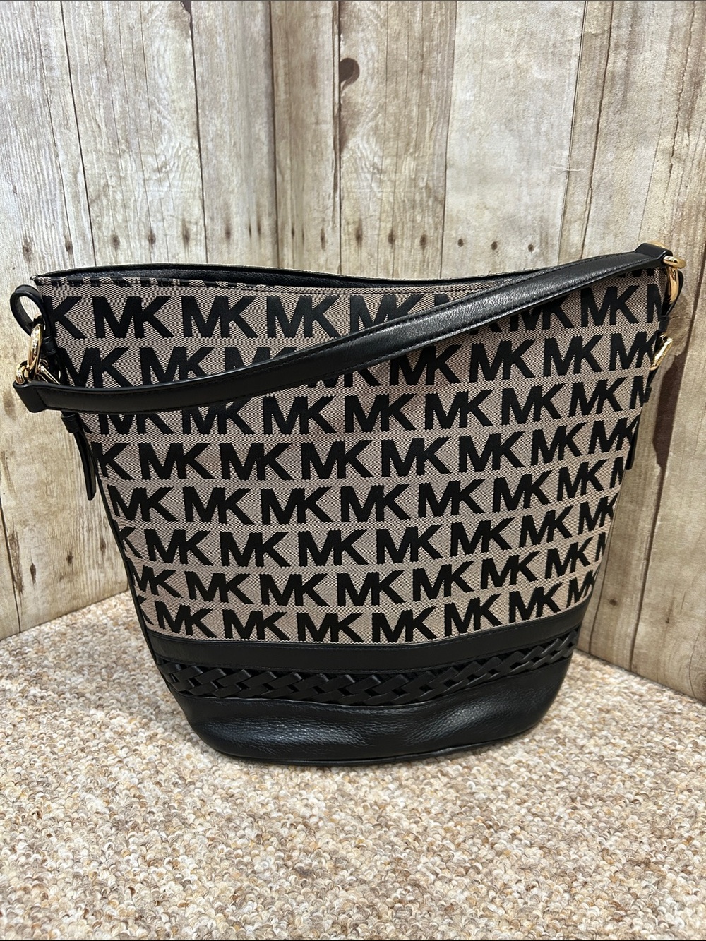Michael Kors Black & Beige MK Logo Bucket Shoulder Bag Gold Hardware